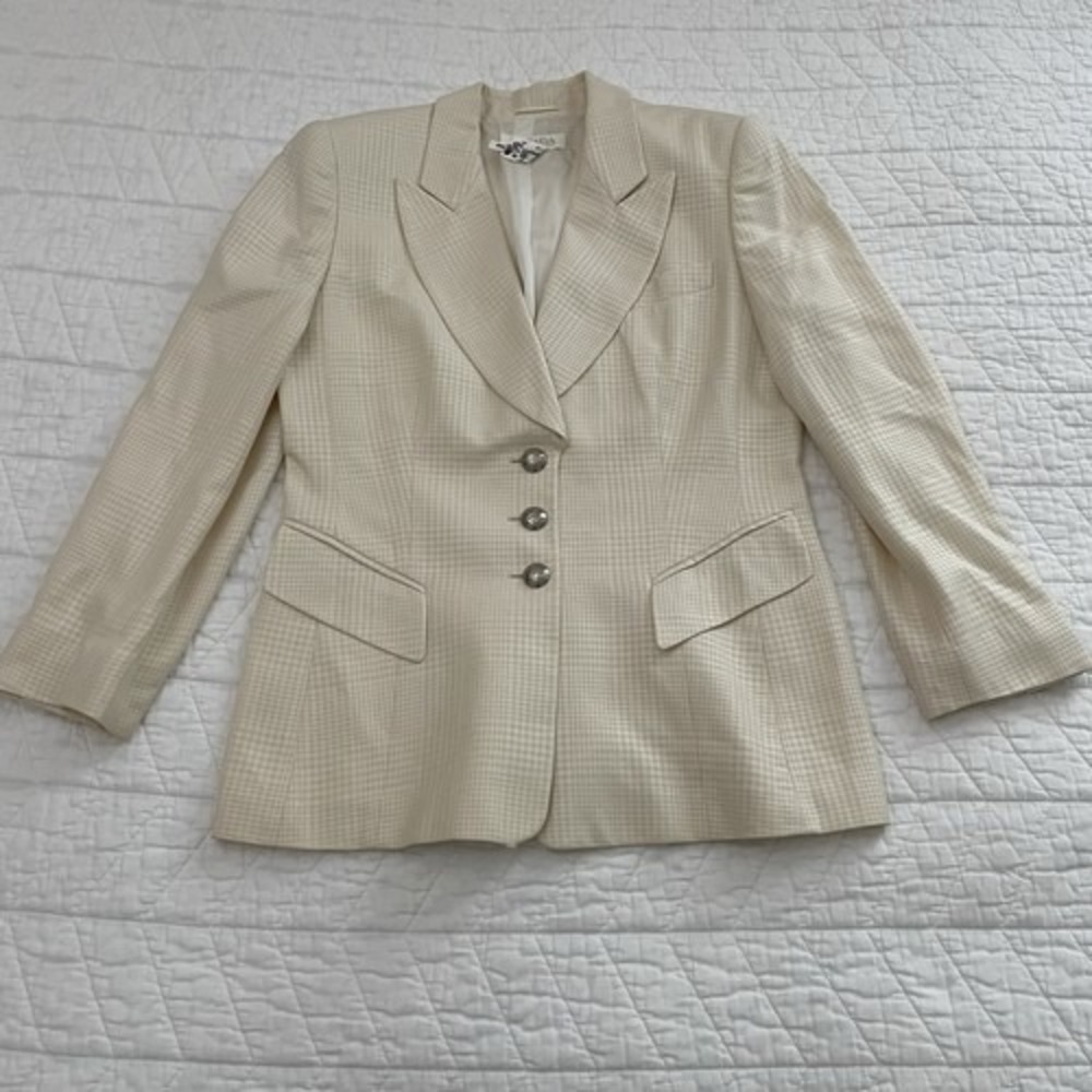 ESCADA Margaretha Ley Women's Houndstooth Blazer Button Lined 40 Beige/Ivory